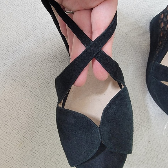 L.K. Bennett Rea Peep Toe Black Suede High Wedge Sandals Nude Lace Size 40 US 10 - Picture 8 of 15